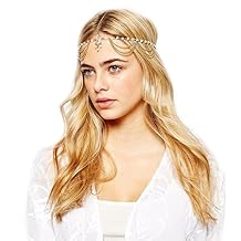 Boho Layered Crysatal Pearl Head Chain Rhinestone Bridal Hair Chain Headress Vintage Pearl Forehead Chain Tassel Headpiece Halloween Festival Prom Hair Accessories for Women and Girls
