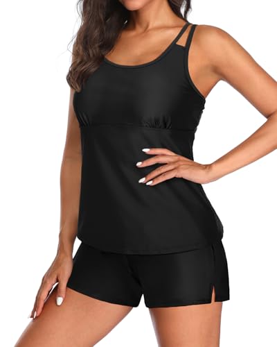 Image of Tempt Me Two Piece Tankini Swimsuits for Women Tummy Control Bathing Suit with Shorts Athletic Two Side Pockets Swimwear