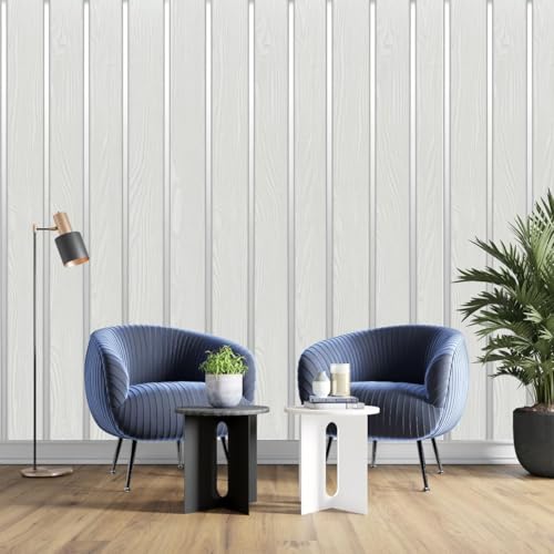 Image of White Silver 3D Wood Grain Wallpaper Roll | Self-Adhesive Waterproof Vinyl Wall Covering for Bedroom, Living Room, Kitchen, Furniture & Cabinet Renovation (45 x 300 cm)