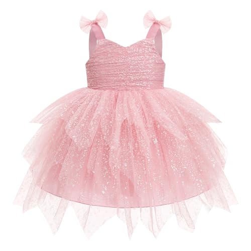 IDOPIP Toddler Baby Girls Sequin Bowknot Tutu Dress Smocked Princess Birthday Party Dresses Pageant Wedding Tulle Gown 1-6T