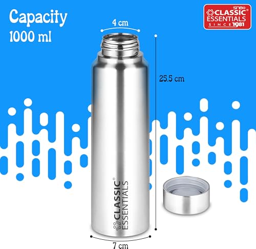 Image of CLASSIC ESSENTIALS Stainless Steel Spring Water Bottle 1 Litre Each Pack of 6 | Leak Proof Steel Water Bottles | Rust Resistant Reusable Bottles for Home, Office, School & Gym | Silver