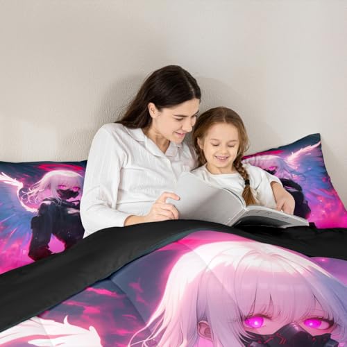 Image of Erosebridal Anime Girl with Wings Bedding Queen Size for Girls Adults, Kids Japanese Virtual Reality Comforter Cartoon Poster Style Duvet Set for Boys Teen Bedroom Decor with 2 Pillowcases