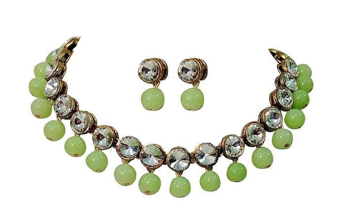 Dhivara White Beads Kundan Stone Studded Necklace Set for Women/Girls (Pista) (B0CJ32N734) Amazon Price History, Amazon Price Tracker
