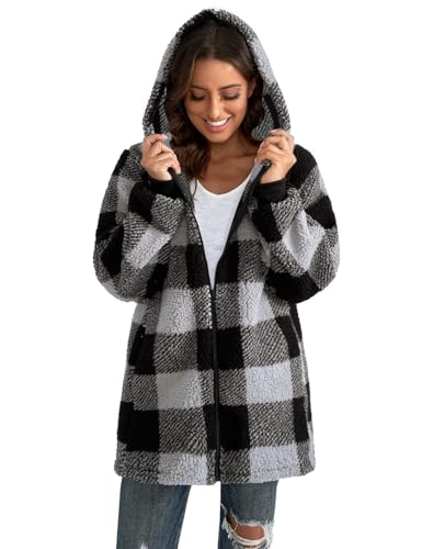 ABINGOO Damen Teddy Fleece Mantel Kariert Warm Winterjacke Kapuzenjacke Flauschig Plüschjacke Reißverschluss Sweatshirt mit Kapuze und Taschen(Schwarz,M)