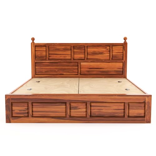 Image of Sheesham Wood Queen Size Bed with Storage Box | Wooden Box Bed Queen Size Double Cot Bed with Storage for Bedroom | Premium Lattu Design Headboard Bed for Living Room | Honey Finish