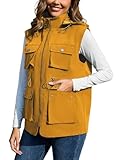 PESION Women's Waterproof Military Utility Vest Lightweight Sleeveless Drawstring Jackets with Removable Hood for Running Hiking Travel, Caramel, Large