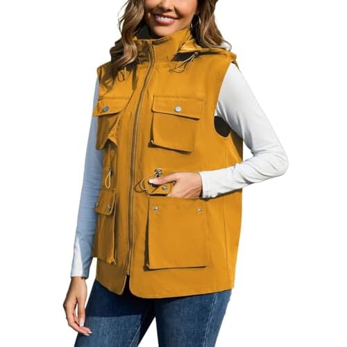 PESION Womens Packable Military Utility Vests Outerwear Waterproof Windbreaker Jacket Cargo Vest with Removable Hood Caramel XX-Large