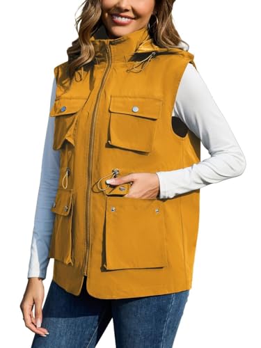 Image of PESION Womens Packable Military Utility Vests Outerwear Waterproof Windbreaker Jacket Cargo Vest with Removable Hood