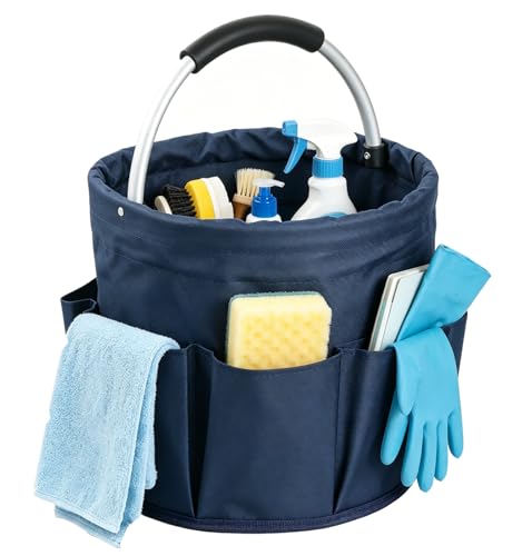 Image of 17L Cleaning Caddy with Handle, Portable Shower Caddy in 600D Oxford Fabric, Bucket Tool Organizer with 6 Side Pockets, Collapsible Storage Basket for Cleaning, Camping, Navy Blue