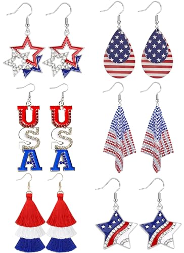 【6 Pairs】 4th of July Accessories for Women American Flag Earrings USA Drop Earrings Fourth 4th of July Outfits for Women Patriotic earring Party Favors Red White Blue Decorations