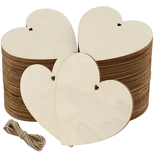 BITEFU 60 Cuori In Legno Con Corda – 8 Cm, Lisci Con Foro, Per Matrimonio, Fai Da Te E Decorazioni
