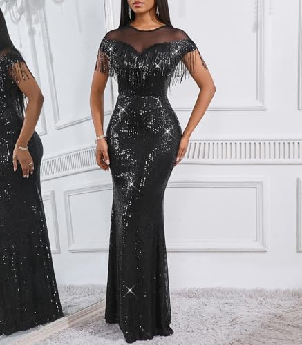 Image of Cololura Sexy Sequin Tassel Mesh Perspective Party Cocktail Bodycon Evening Club Maxi Dress