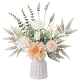 Fake Flowers in Vase, Artificial Flowers with Vase, 15.7'' Floral Arrangements for Dining Table Centerpiece Decor, Silk Roses & Faux Dahlia Bouquet for Farmfouse Kitchen Coffee Table Decor (Champagne)