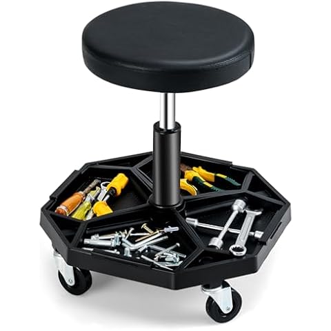 Toolsempire Adjustable Mechanic Rolling Stool, Pneumatic Rolling Stool with Wheels, Tool Storage Tray & Padded Seat Cushion, Garage Stool Chairs Creeper Seat (Black) Cover