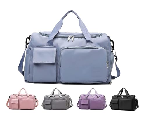 Image of SRZ Samrukzone Nylon Travel Duffle Bag with Wet Pocket & Shoe Compartment, Weekender Overnight Gym Shoulder Bag for Men & Women (44 x 18 x 29 cm (Light Blue)