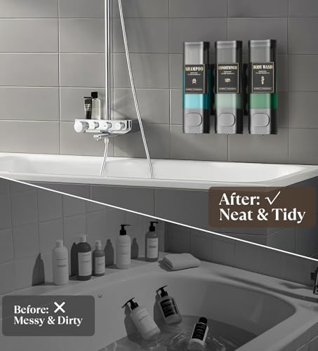 Image of Luxspire Shampoo and Conditioner Dispenser, Shower Soap Dispenser 3-Chamber | Lockable Large Capacity 900ml No-Drill Wall-Mounted Shampoo and Body Wash Dispenser for Bathroom Hotel Kitchen Airbnb