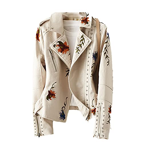 Women's Vintage Floral Print Embroidered Faux Soft Leather Jacket Coat Lapel Pu Black Punk Jacket