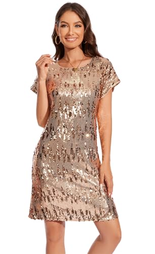 Image of Women's Crewneck Sequin Shift Dress Short Sleeve Casual Holiday Sparkly Party Dress