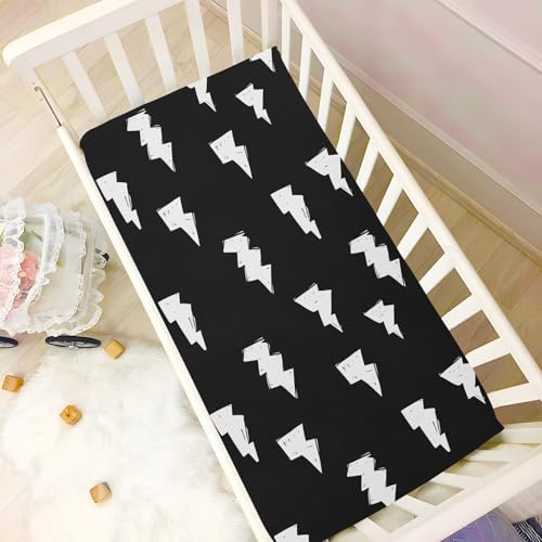 Image of Fitted Crib Sheets Doodle White Lightning Bolt Stretchy Portable Playard Sheets for Baby Toddler, Breathable Soft Mini Crib Mattress 39 x 27 in for Boys and Girls
