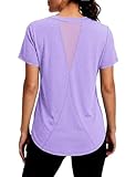 Gyabnw Camiseta Deportiva de Manga Corta para Mujer Camiseta de Gimnasia Ligera con Cuello en V y Espalda de Malla Transpirable