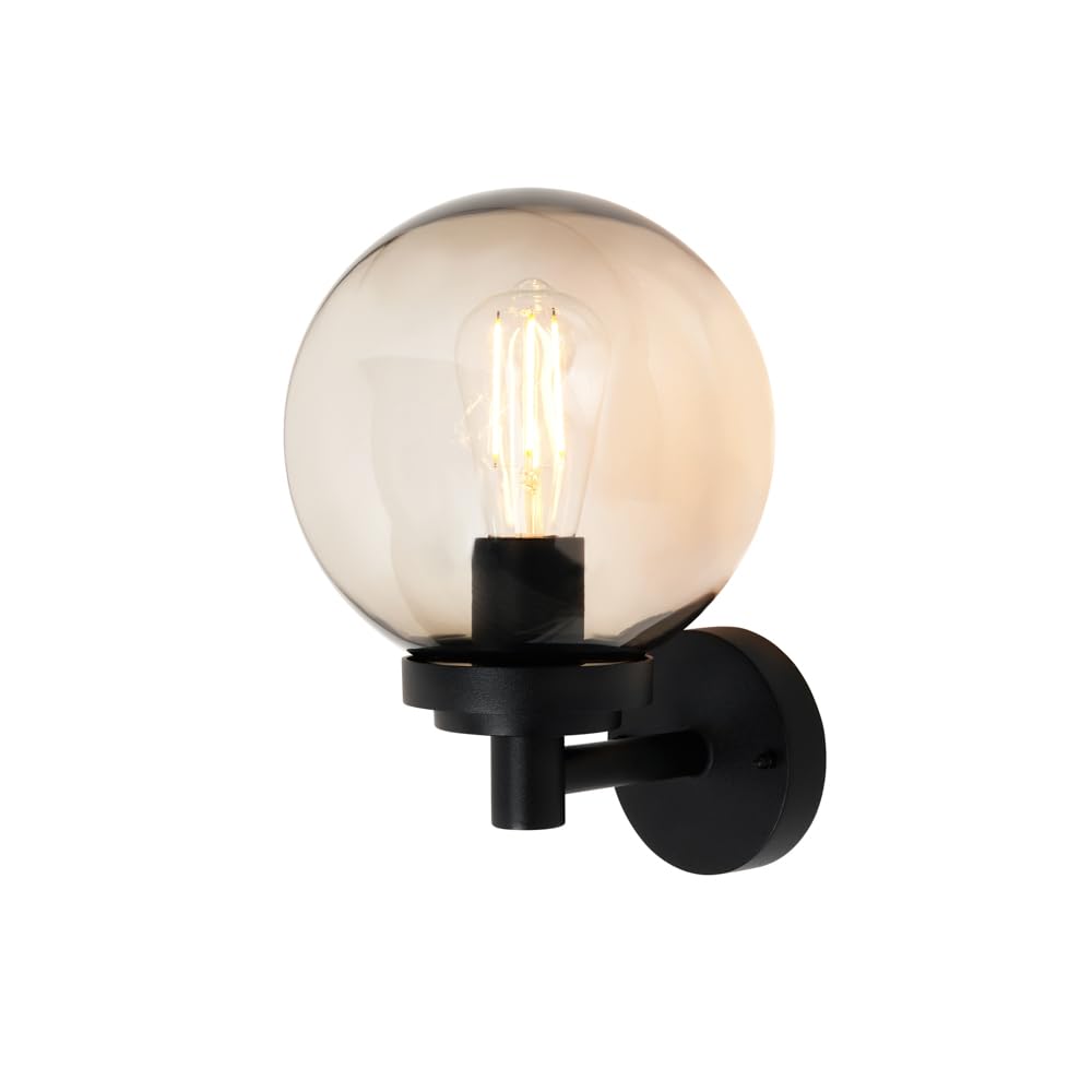 LITECRAFT Agio Outdoor Wall Light IP44 Lantern with Smoked Globe Shade - Black