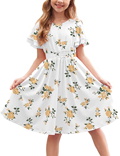 Arshiner Girl's Casual Dress Summer Scoop Neck Short Sleeve Flowy Print and Plain Sundress for Kids 4-14Y