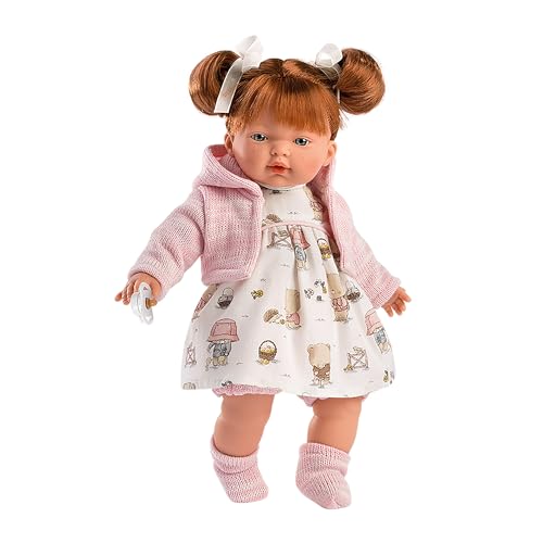 Llorens 1033138 Puppe Lea mit roten Haaren und blauen Augen, Babypuppe mit weichem Körper, inkl. Schnuller, 33 cm, Blau/Rot