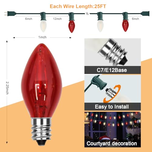 Image of C7 LED Red and Frosted White Christmas Lights 25FT Outdoor Christmas Decorations String Lights with 27 Shatterproof LED Bulbs, Hanging Vintage Christmas Light for Outdoor Garden Wedding Roofline Patio