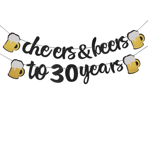 Vxcbad Decorazione per 30° compleanno, 30° compleanno, da uomo, Cheers & Beers, per 30 anni, decorazione per compleanno, uomo, nero/oro