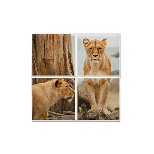Carreaux Céramique Lionnes Afrique Tableau Mural Faïence Savane Arbre 30cm