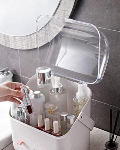 Image of LINFIDITE Cosmetic Storage Box with Lid Waterproof&Dustproof Makeup Organizer Box Portable Handle,Large Makeup Display Case with Drawers Fully Open Lid,Great for Bathroom Countertop Bedroom Dresser