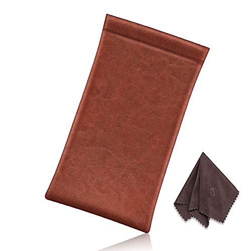 Fintie Eyeglasses Pouch With Cleaning Cloth, Portable Squeeze Top Vegan Leather Soft Glasses Case Anti-Scratch Sunglasses Bag, Vintage Brown #TOP6