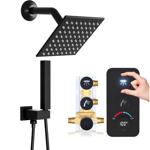 Digital Display Glowing Icons Shower System Matte Black Shower Faucet Set, 6inch Tilted Rain Showerhead and Dual-mode Handheld Combo, 2 Way Shower Fixtures Can Use Together, Heavy-duty Brass Valve