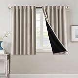100% Blackout Curtains for Bedroom with Black Liner Full Room Darkening Curtains 45 Inches Long Thermal Insulated Back Tab/Rod Pocket Window Treatment Drapes for Living Room, Natural, 2 Panels
