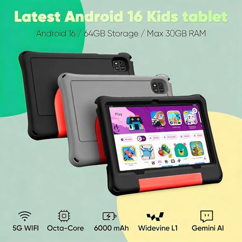 Image of 10 inch Kids Tablet with case, Grey Case | Android 16, 30GB RAM 64GB ROM, 1TB Expandable, Parental Control, 6000mAh Battery, Eye-Care Display