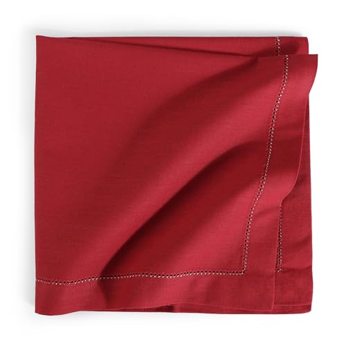 Image of FINGERCRAFT Hemstitched Cotton Table Napkins - 20x20 Inch, 100% Cotton Cloth Napkins with Faggoting Stitching - Durable & Elegant for Parties (Tango Red, Set of 12)