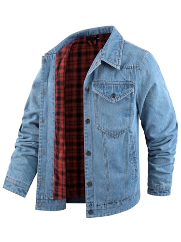 Men's Denim Jacket Lined Flannel Plaid Vintage Cowboy Cut Western Classic Trucker Motorcycle Snap Fall Long Sleeves2