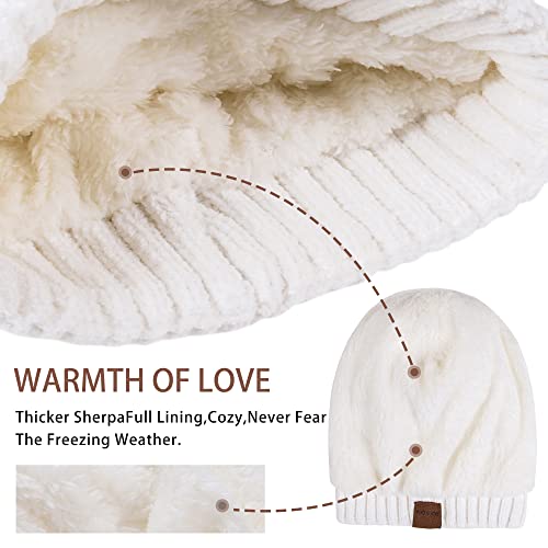 Page One Women Winter Pom Pom Beanie Hats Warm Fleece Lined,Chunky Trendy Cute Chenille Knit Twist Cap/White #TOP4