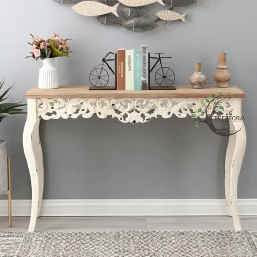 Image of Wooden Carved Console Table in Solid Mango Wood with Antique White Distress Finish for livingroom, Hall, enterway, Office (Large 4ft)