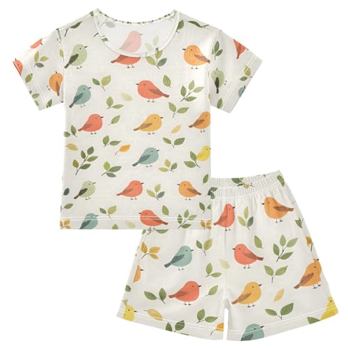 ALAZA Bird Leaves Cartoon Pajamas Set Short Sleeve Cotton Sleepwear Summer Pjs 2 Piece 5-14Y
