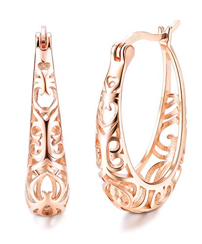 Milacolato Sterling Silver Hoop Earrings Textured Filigree Round Earrings for Women (Rose Gold Tone)
