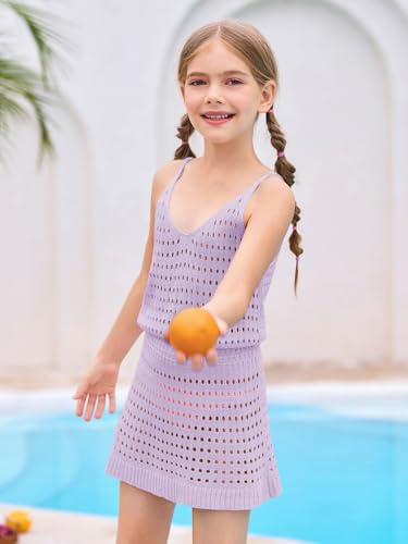 Image of Haloumoning Girls Sleeveless Crochet Swimsuit Cover Up Kids Summer Hollow Out Knitted Beach Dress 7-14 Years