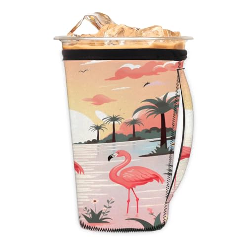 Coconut Sunset Flamingo Reusable Neoprene Coffee Sleeve with Handle Insulated Iced Coffee Cup Holder Reduces Condensation Fits 24-28 oz Cups M