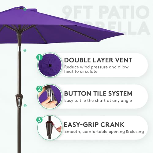 Image of JEAREY 9FT Outdoor Patio Umbrella Outdoor Table Umbrella with Push Button Tilt and Crank, Market Umbrella 8 Sturdy Ribs UV Protection Waterproof for Garden, Deck, Backyard, Pool (Dark Purple)