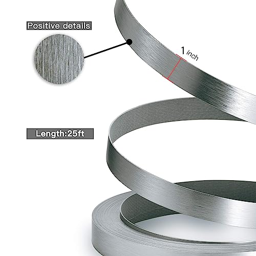 Image of PVC Edge Banding, 1 inch x 25ft Non Glued Flexible Durable Real Brushed Aluminum Grey Silver Veneer Edge Trim for DIY Table Cabinet Furniture Decorative Trim
