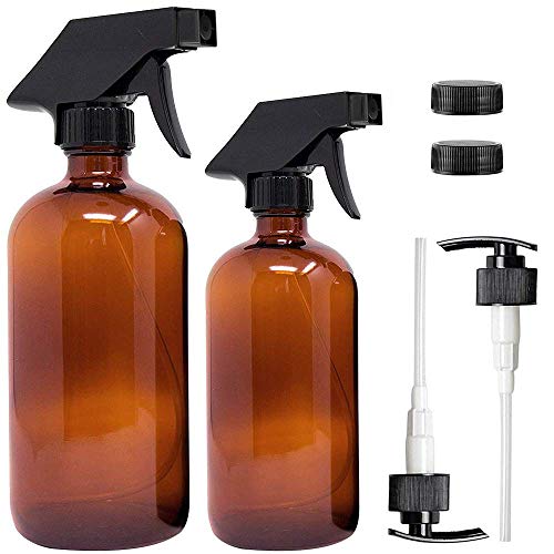 Seilent - Botella de champú con bomba de agua vacía de vidrio de 8 oz y 16 oz, boquillas de pulverización ajustables, para aceites esenciales o aromaterapia de vidrio ámbar con bomba (2 unidades)