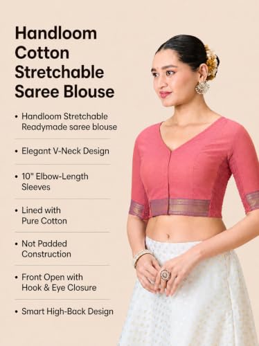Image of Studio Shringaar Women's Handloom Cotton Stretchable (Smocked) Saree Blouse with Temple Zari Border