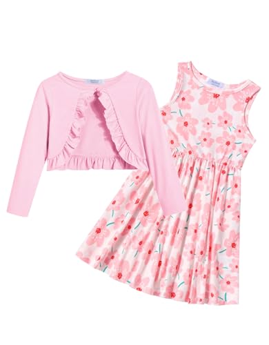 Arshiner Mädchen Kleid mit Strickjacke Set Baumwolle 2Pcs Swingkleid Drucken Freizeitkleid Ärmelloses Kleider mit Langarm Ruffle Mantel für Kinder 7-8 Jahre