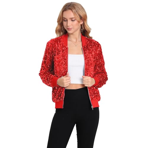 Women's Sequin Jacket Long Sleeve Blazer Glitter Front Zip With P...