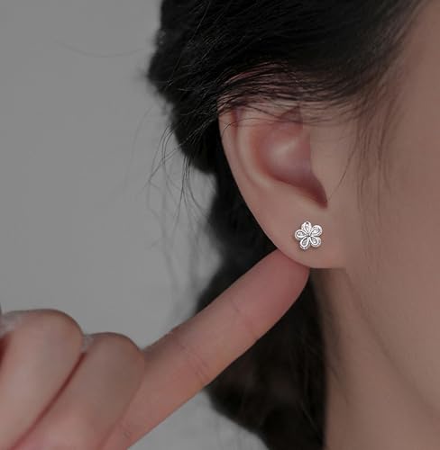 Silver Flower Stud Earrings for Women, White Gold Plated Cubic Zirconia Floral Earrings, Hypoallergenic CZ Flower Studs for Sensitive Ears, Dainty Jewelry for Wedding Birthday Anniversary - Image 2